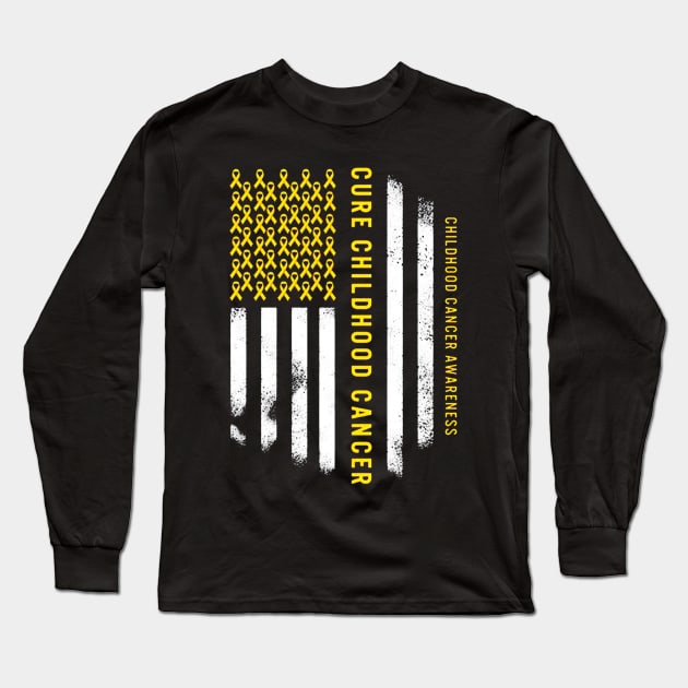 Cure Childhood Cancer Gold Ribbon USA American Flag Long Sleeve T-Shirt by eraillustrationart